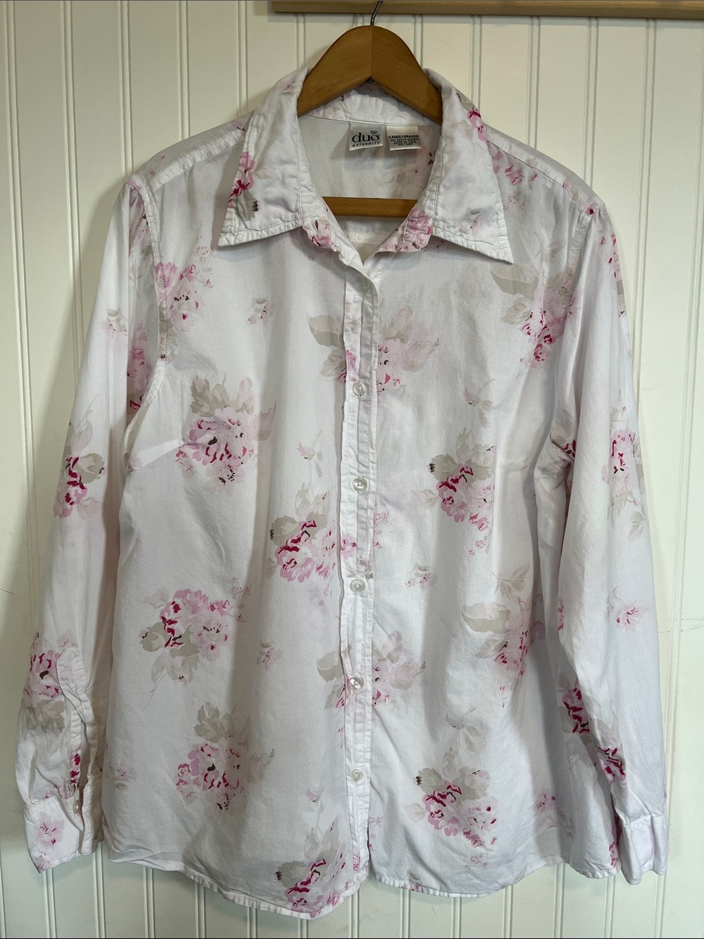 duo Maternity White Button-Down Shirt with Pink Floral Accents